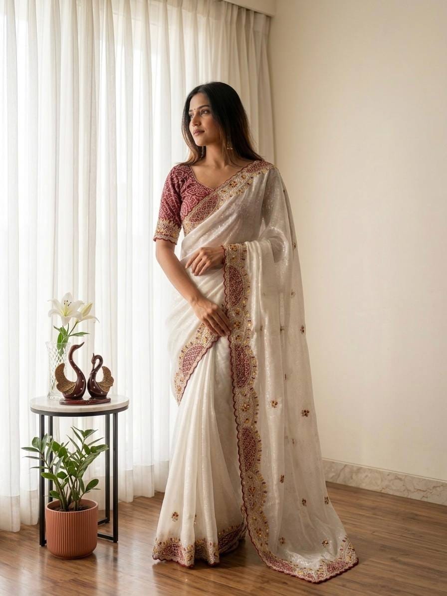 ✨ Premium Soft Crunchy Saree with Appliqué, Sequins & Thread Embroidery | Chinnon Bandhej Sequins Blouse | Designer Festive & Party Wear Collection ✨