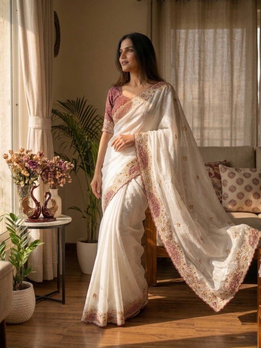 ✨ Premium Soft Crunchy Saree with Appliqué, Sequins & Thread Embroidery | Chinnon Bandhej Sequins Blouse | Designer Festive & Party Wear Collection ✨
