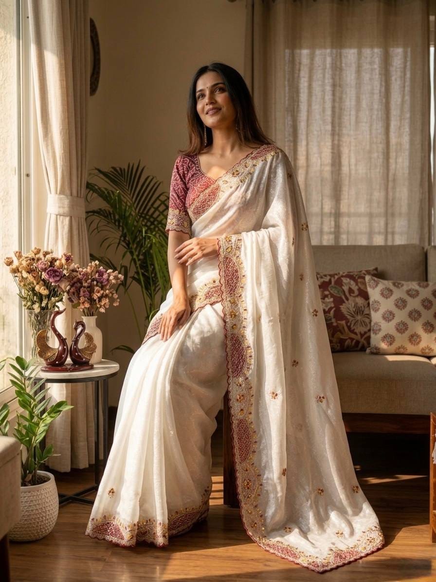 ✨ Premium Soft Crunchy Saree with Appliqué, Sequins & Thread Embroidery | Chinnon Bandhej Sequins Blouse | Designer Festive & Party Wear Collection ✨