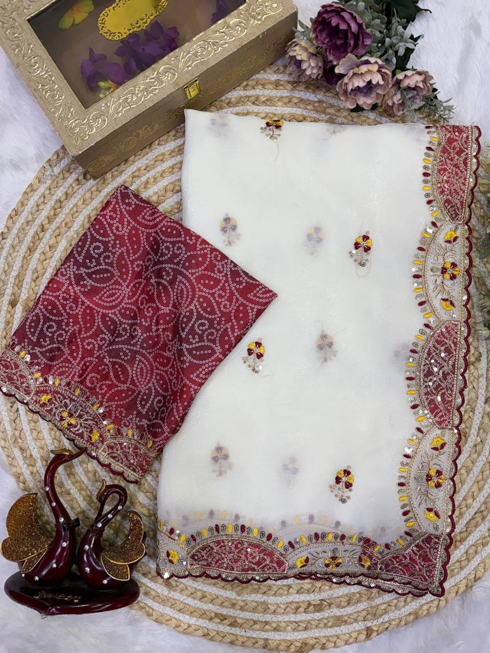 ✨ Premium Soft Crunchy Saree with Appliqué, Sequins & Thread Embroidery | Chinnon Bandhej Sequins Blouse | Designer Festive & Party Wear Collection ✨