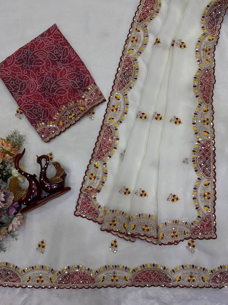 ✨ Premium Soft Crunchy Saree with Appliqué, Sequins & Thread Embroidery | Chinnon Bandhej Sequins Blouse | Designer Festive & Party Wear Collection ✨