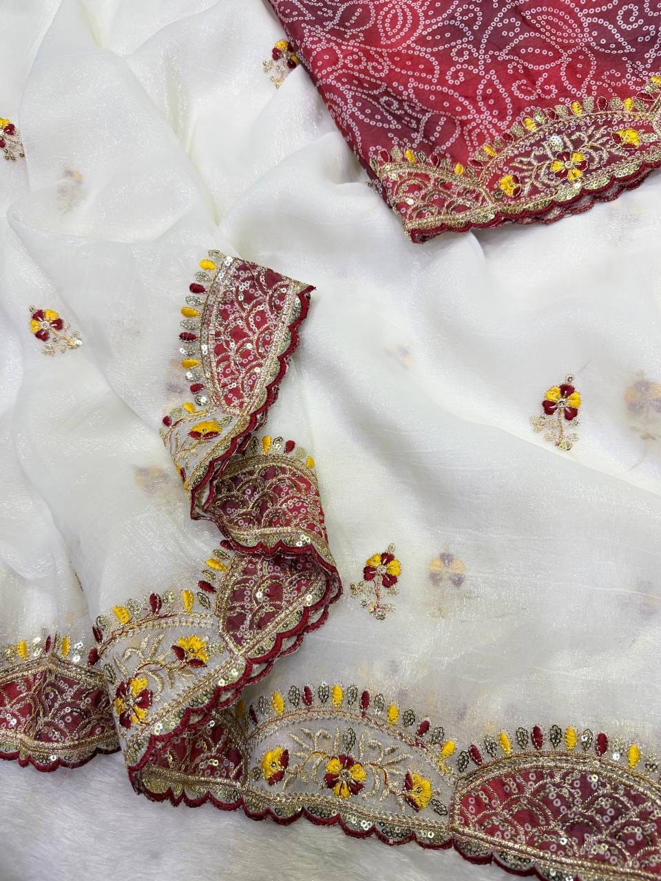 ✨ Premium Soft Crunchy Saree with Appliqué, Sequins & Thread Embroidery | Chinnon Bandhej Sequins Blouse | Designer Festive & Party Wear Collection ✨