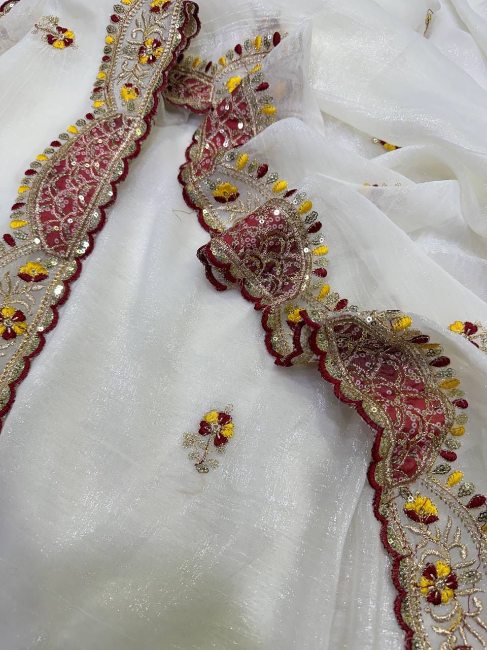 ✨ Premium Soft Crunchy Saree with Appliqué, Sequins & Thread Embroidery | Chinnon Bandhej Sequins Blouse | Designer Festive & Party Wear Collection ✨