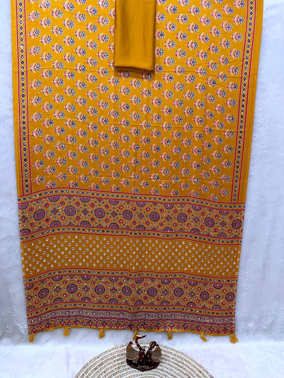 Classic Ajarakh Charm with Real Mirror & Latkan Saree