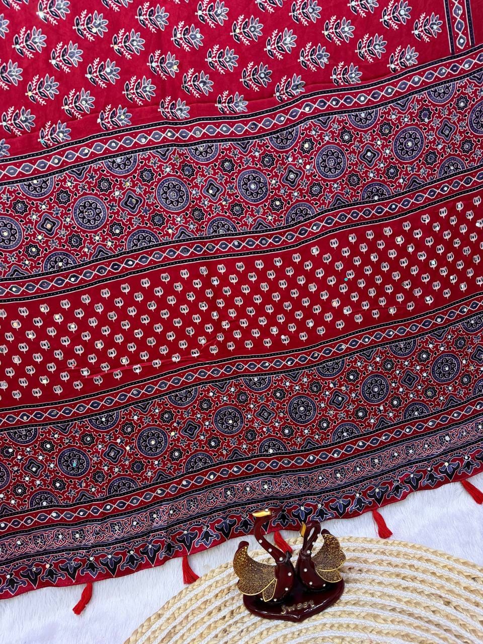 Classic Ajarakh Charm with Real Mirror & Latkan Saree