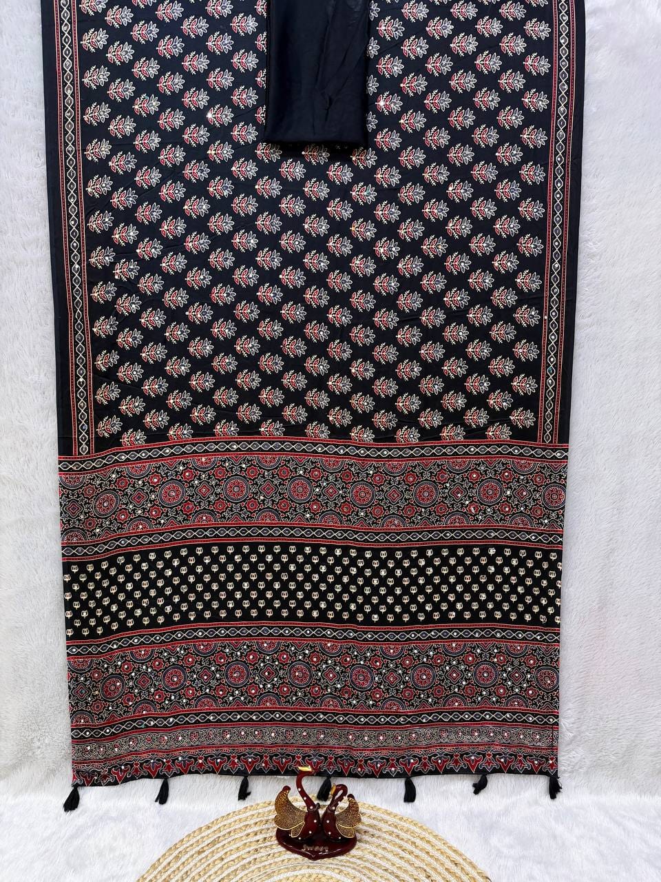 Classic Ajarakh Charm with Real Mirror & Latkan Saree