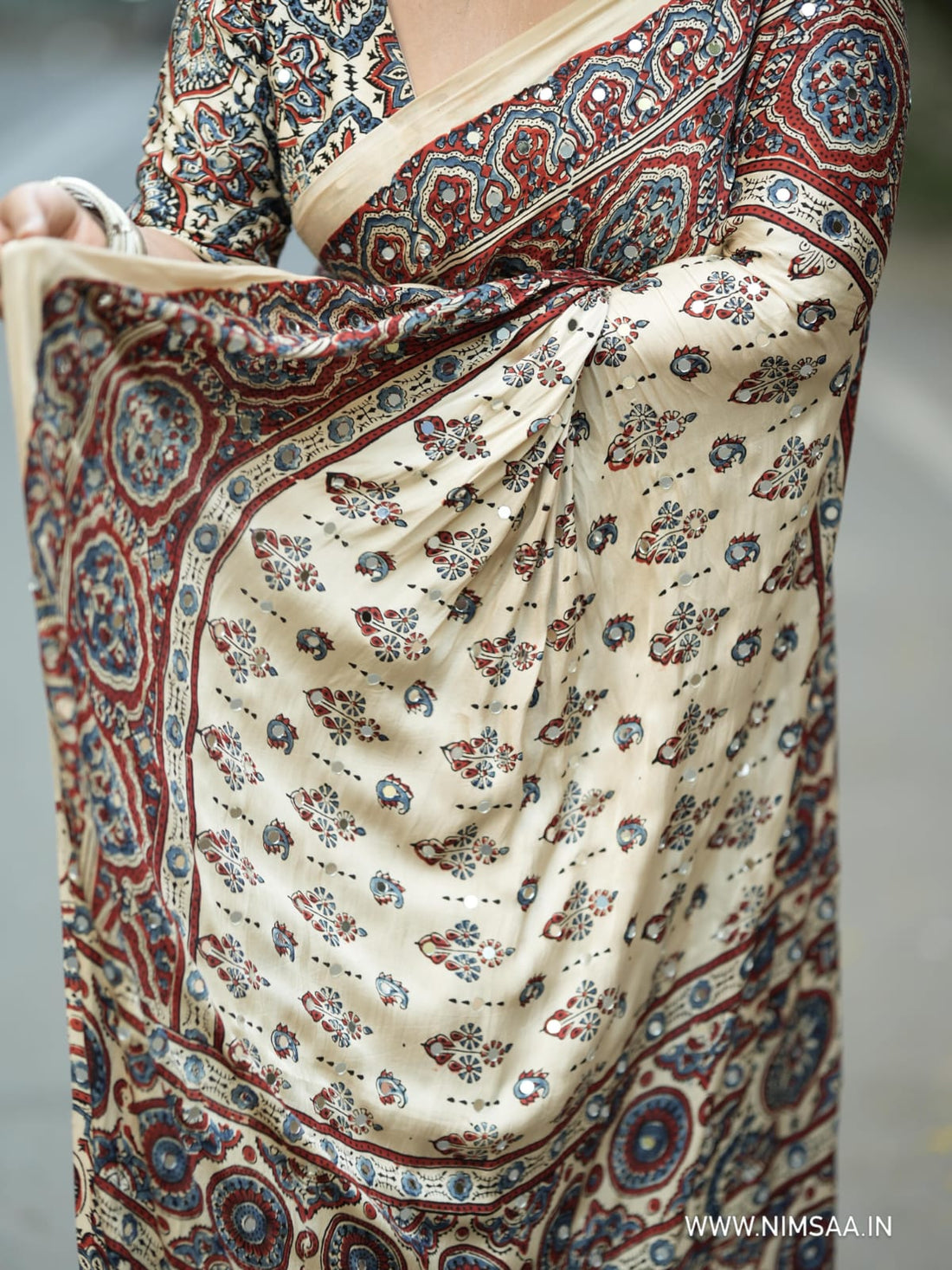 Premium Ajarakh Print with Real Mirror & Latkan Saree