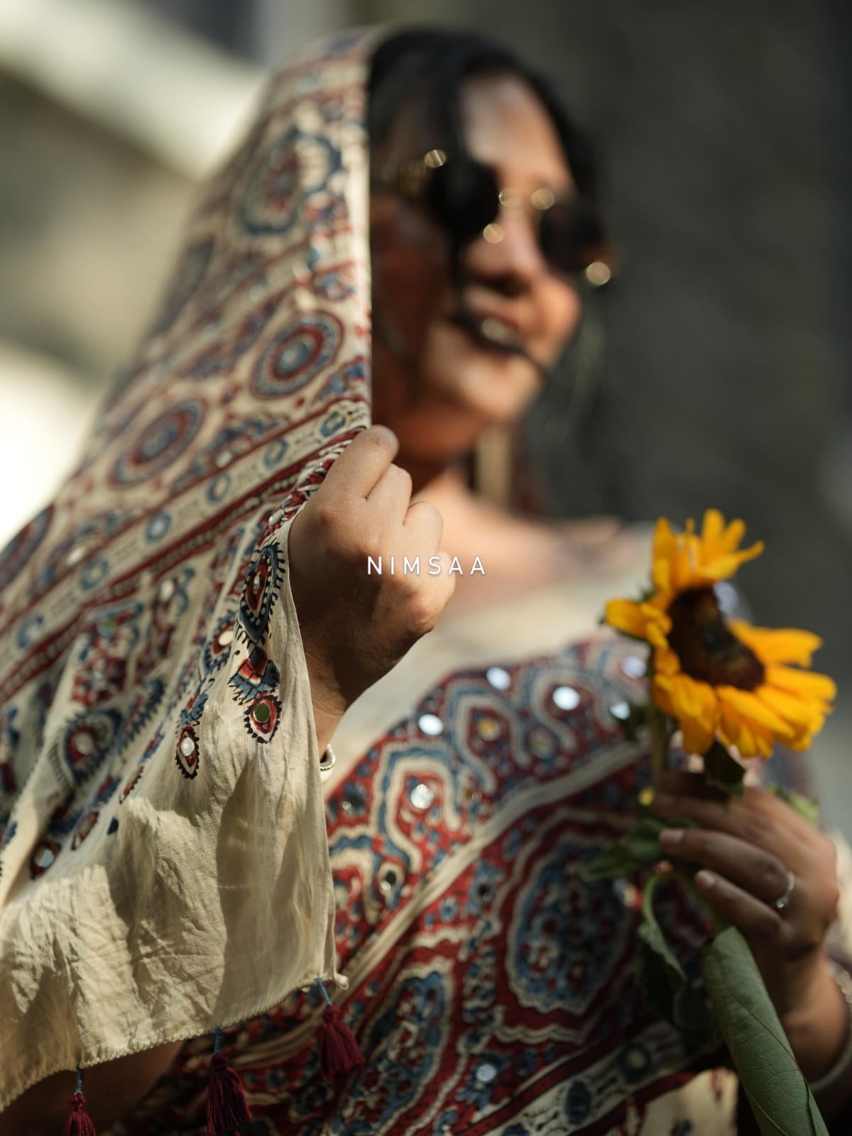 Premium Ajarakh Print with Real Mirror & Latkan Saree