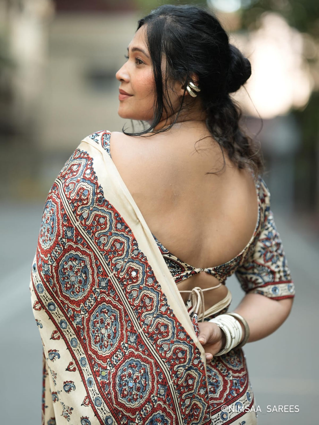 Premium Ajarakh Print with Real Mirror & Latkan Saree