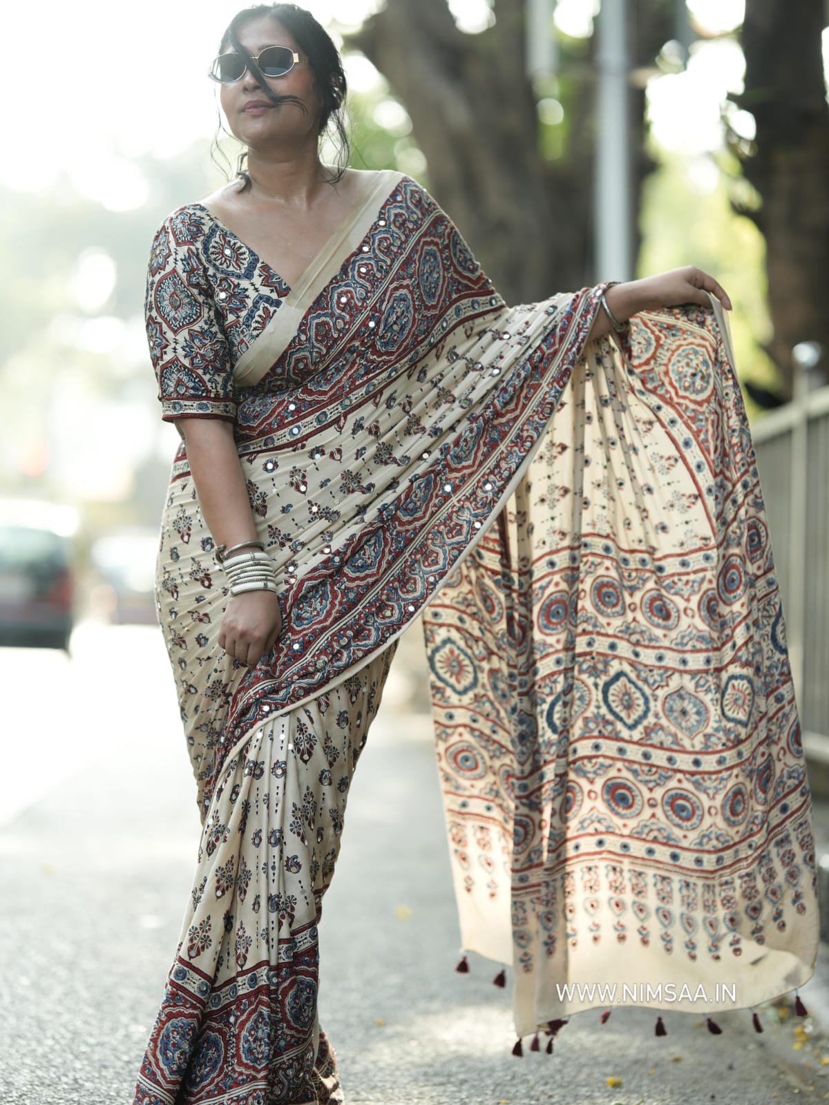 Premium Ajarakh Print with Real Mirror & Latkan Saree
