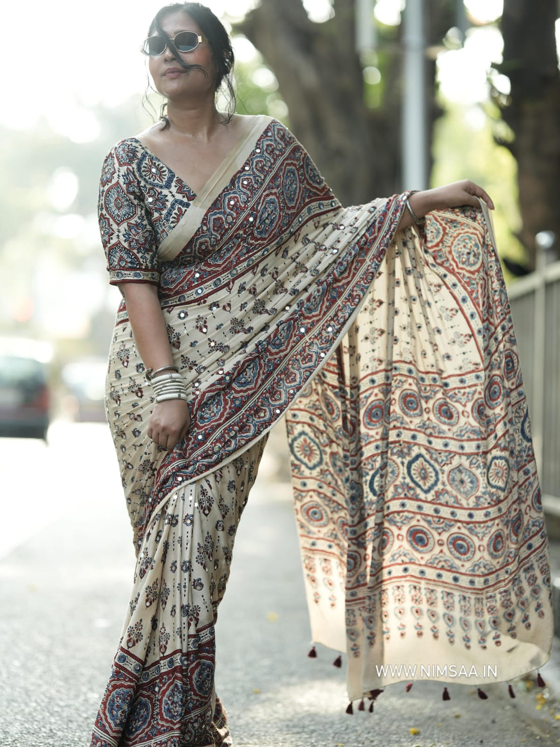 Premium Ajarakh Print with Real Mirror & Latkan Saree