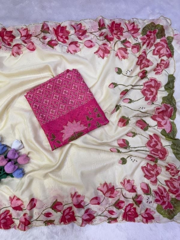 oyal Ajarakh Heritage Mirror Work Heavy Japan Satin Saree ✨