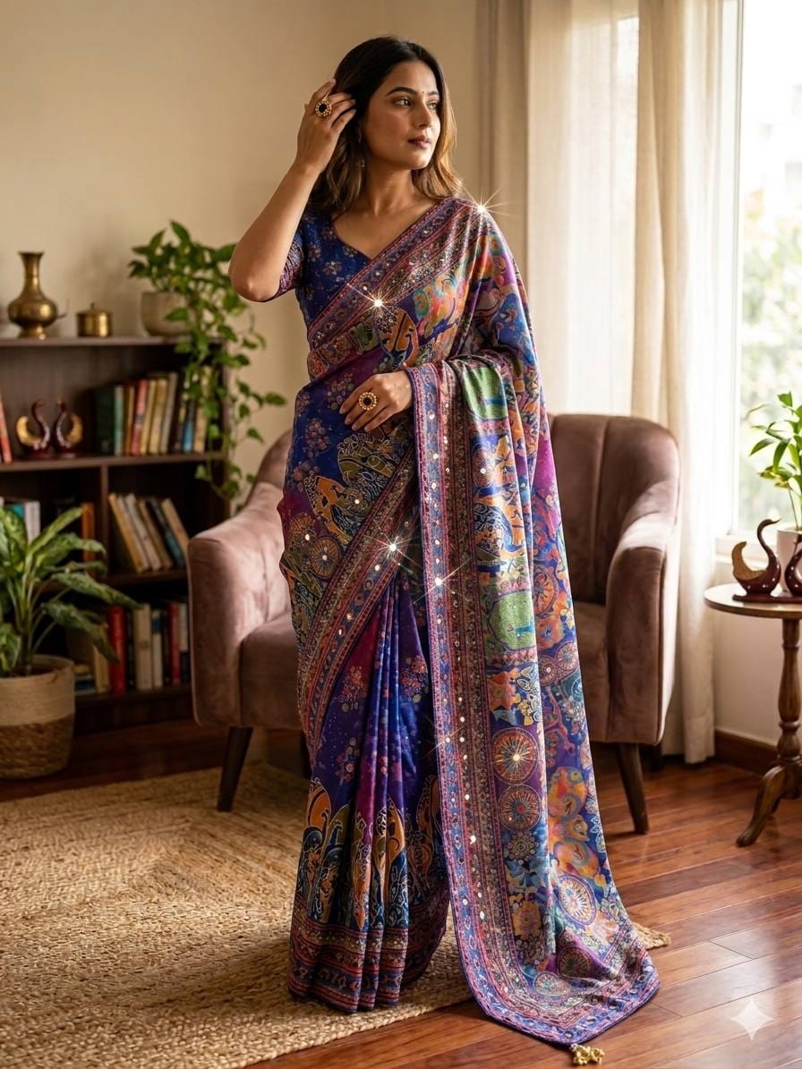 ✨ Heritage Gold Zari Hand Mirror Work Party Wear Saree