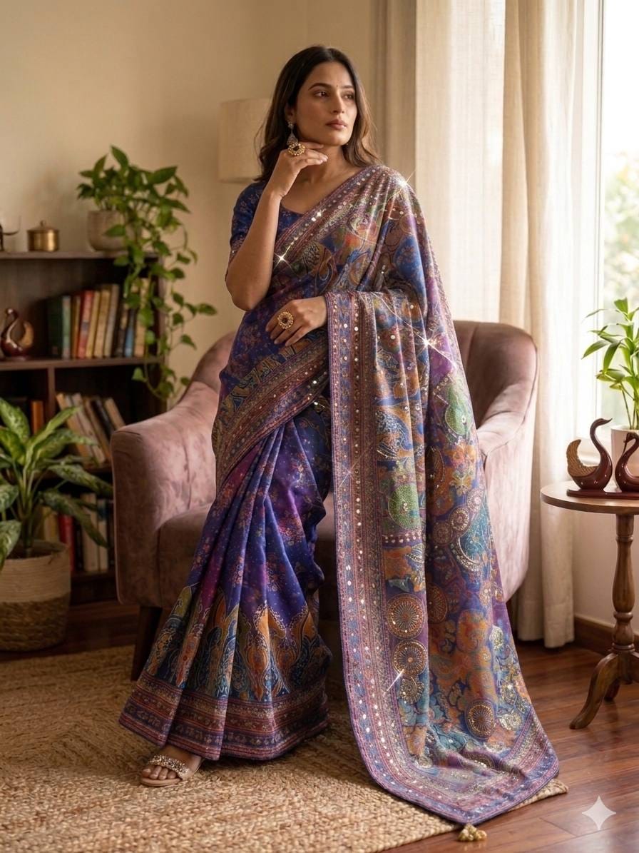 ✨ Heritage Gold Zari Hand Mirror Work Party Wear Saree