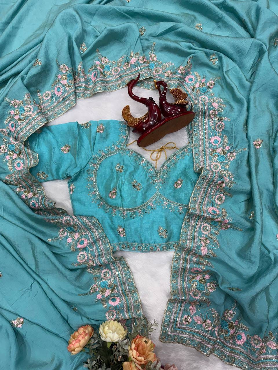 ✨ Royal Soft NC Vichitra Sequins & Multi Color Thread Embroidery Designer Saree With Heavy Blouse ✨