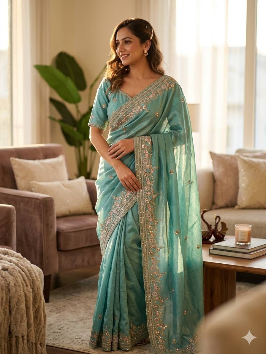 ✨ Royal Soft NC Vichitra Sequins & Multi Color Thread Embroidery Designer Saree With Heavy Blouse ✨