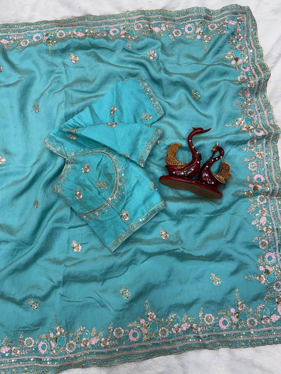✨ Royal Soft NC Vichitra Sequins & Multi Color Thread Embroidery Designer Saree With Heavy Blouse ✨
