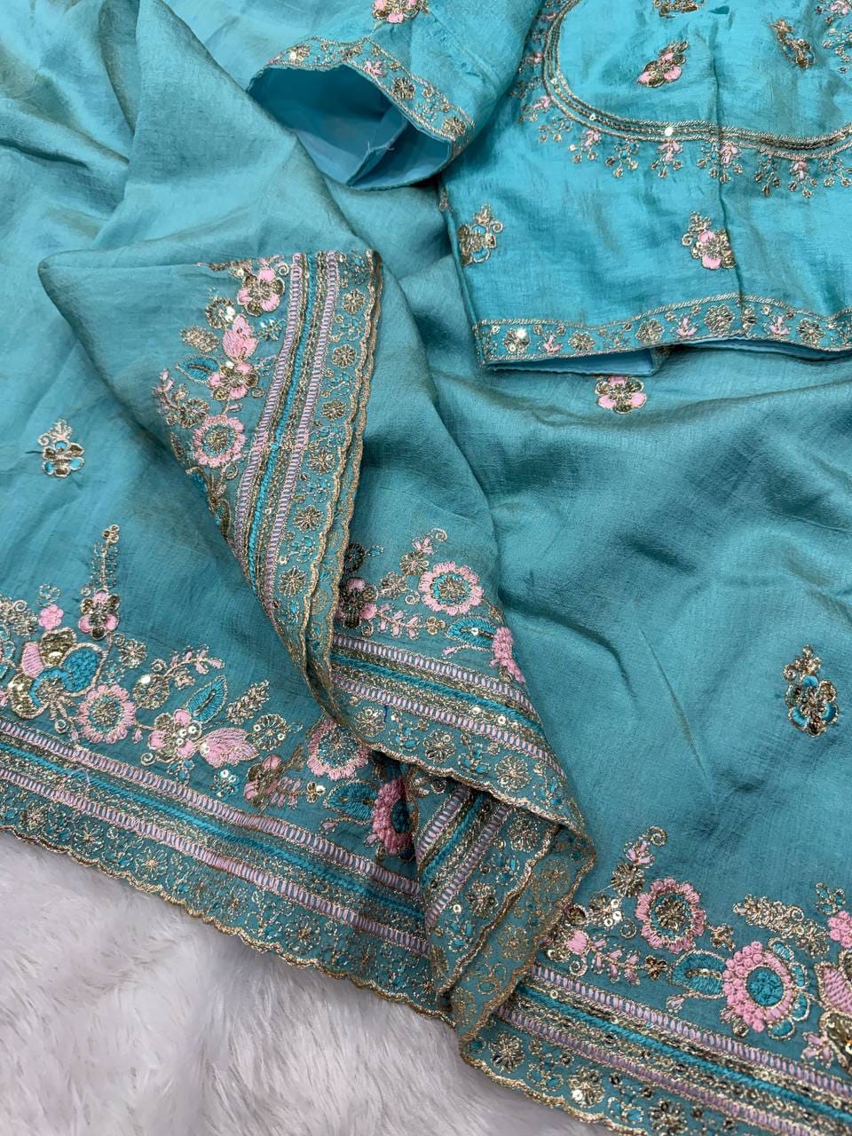 ✨ Royal Soft NC Vichitra Sequins & Multi Color Thread Embroidery Designer Saree With Heavy Blouse ✨