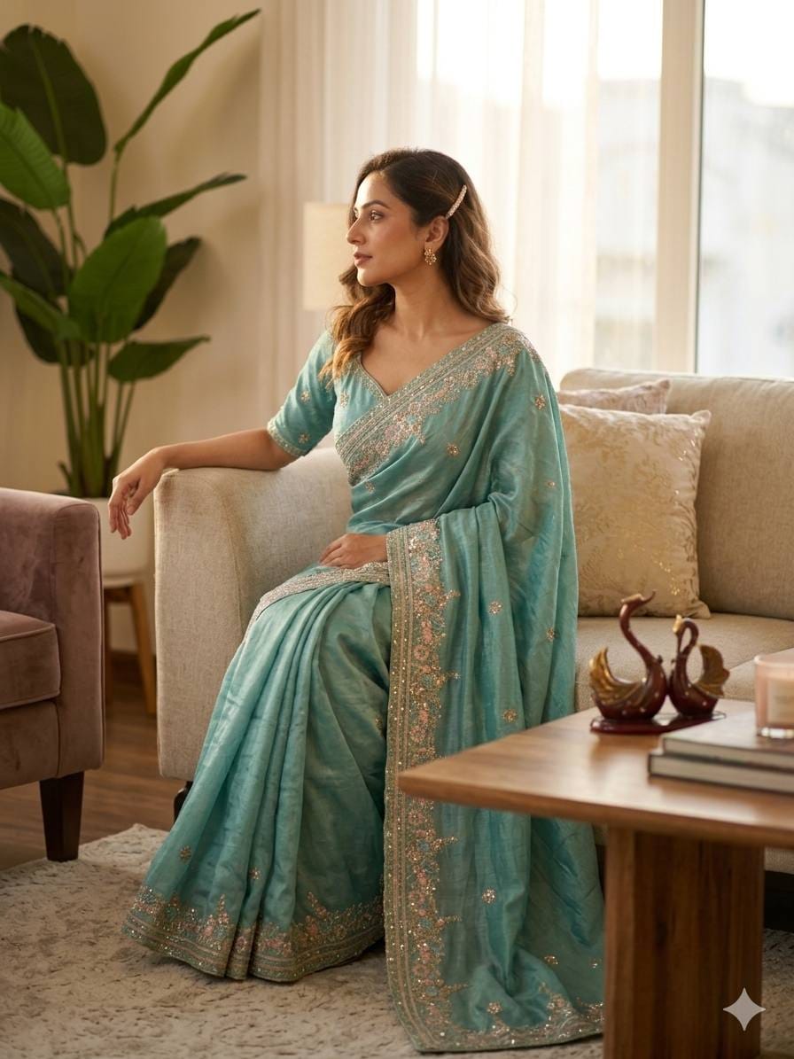 ✨ Royal Soft NC Vichitra Sequins & Multi Color Thread Embroidery Designer Saree With Heavy Blouse ✨