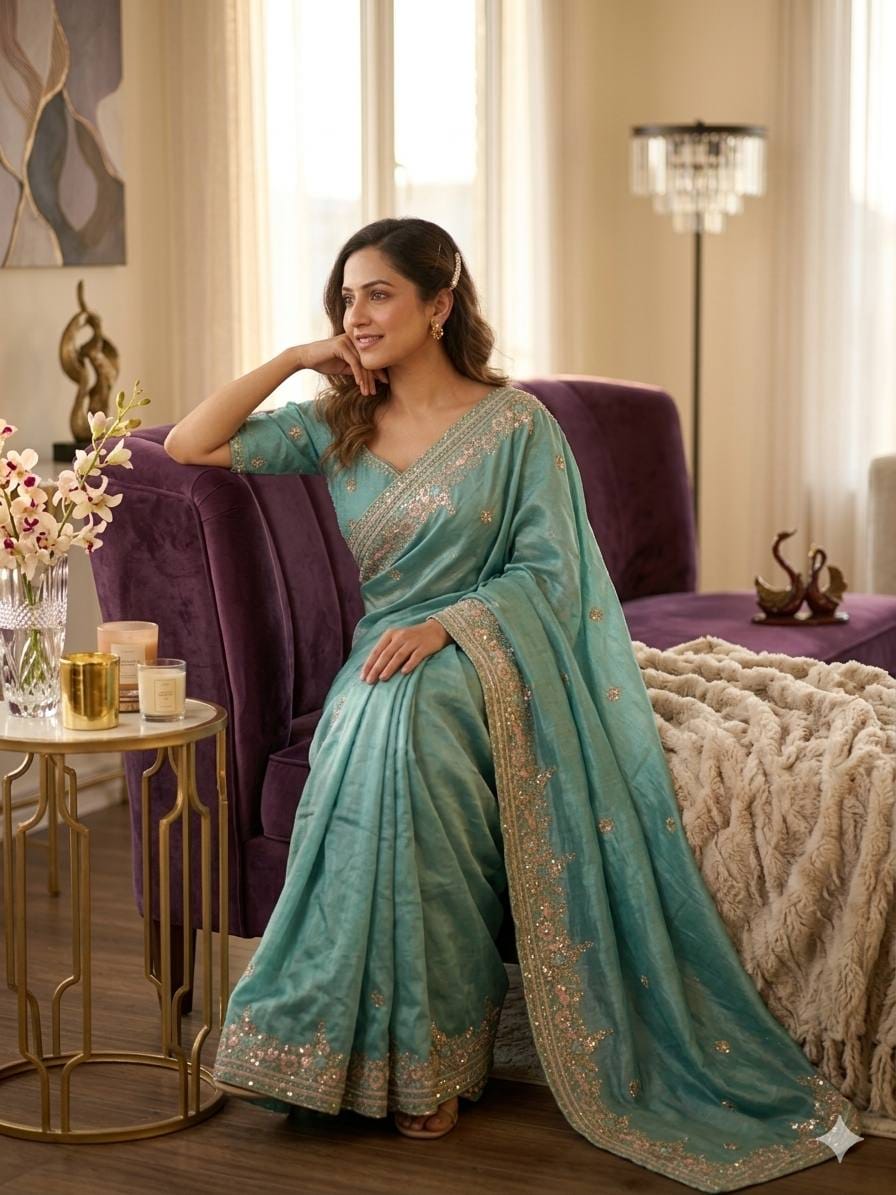 ✨ Royal Soft NC Vichitra Sequins & Multi Color Thread Embroidery Designer Saree With Heavy Blouse ✨