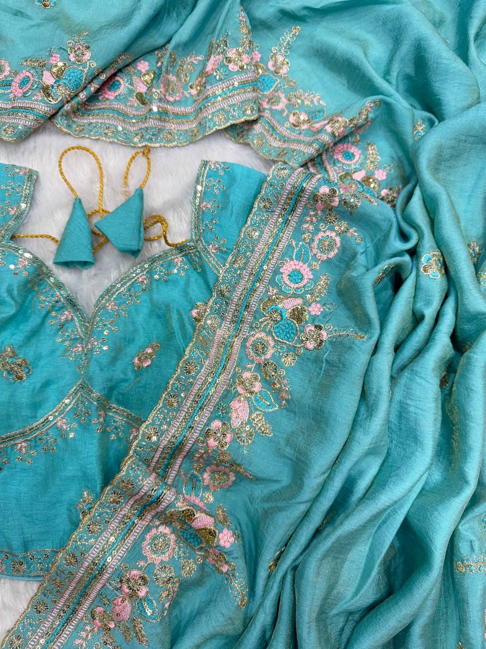 ✨ Royal Soft NC Vichitra Sequins & Multi Color Thread Embroidery Designer Saree With Heavy Blouse ✨