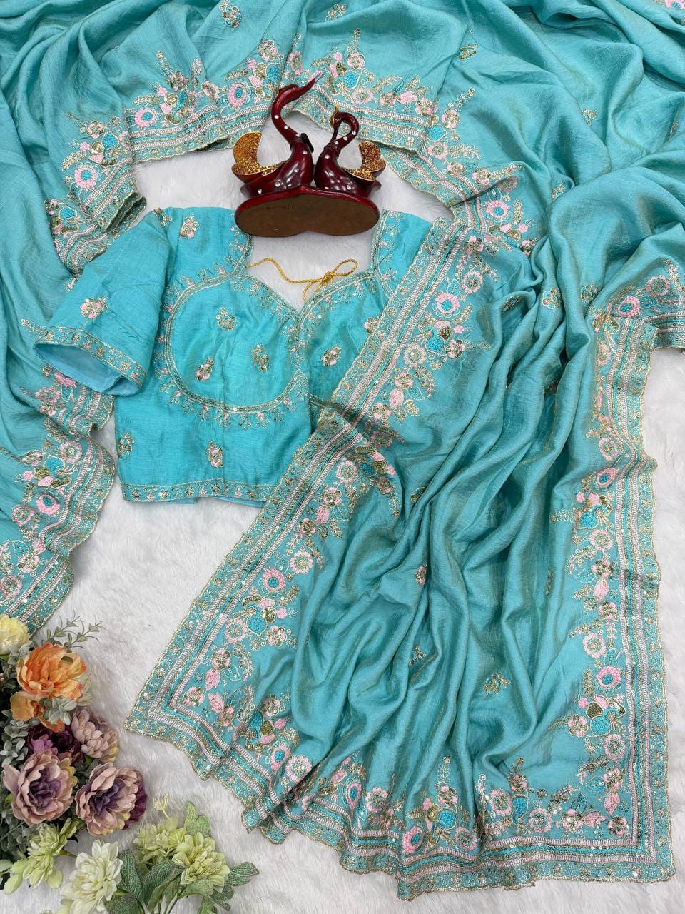 ✨ Royal Soft NC Vichitra Sequins & Multi Color Thread Embroidery Designer Saree With Heavy Blouse ✨