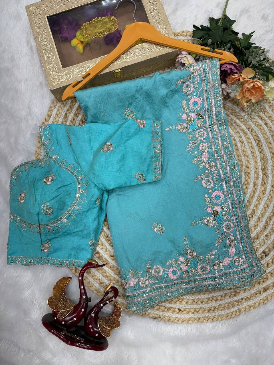 ✨ Royal Soft NC Vichitra Sequins & Multi Color Thread Embroidery Designer Saree With Heavy Blouse ✨