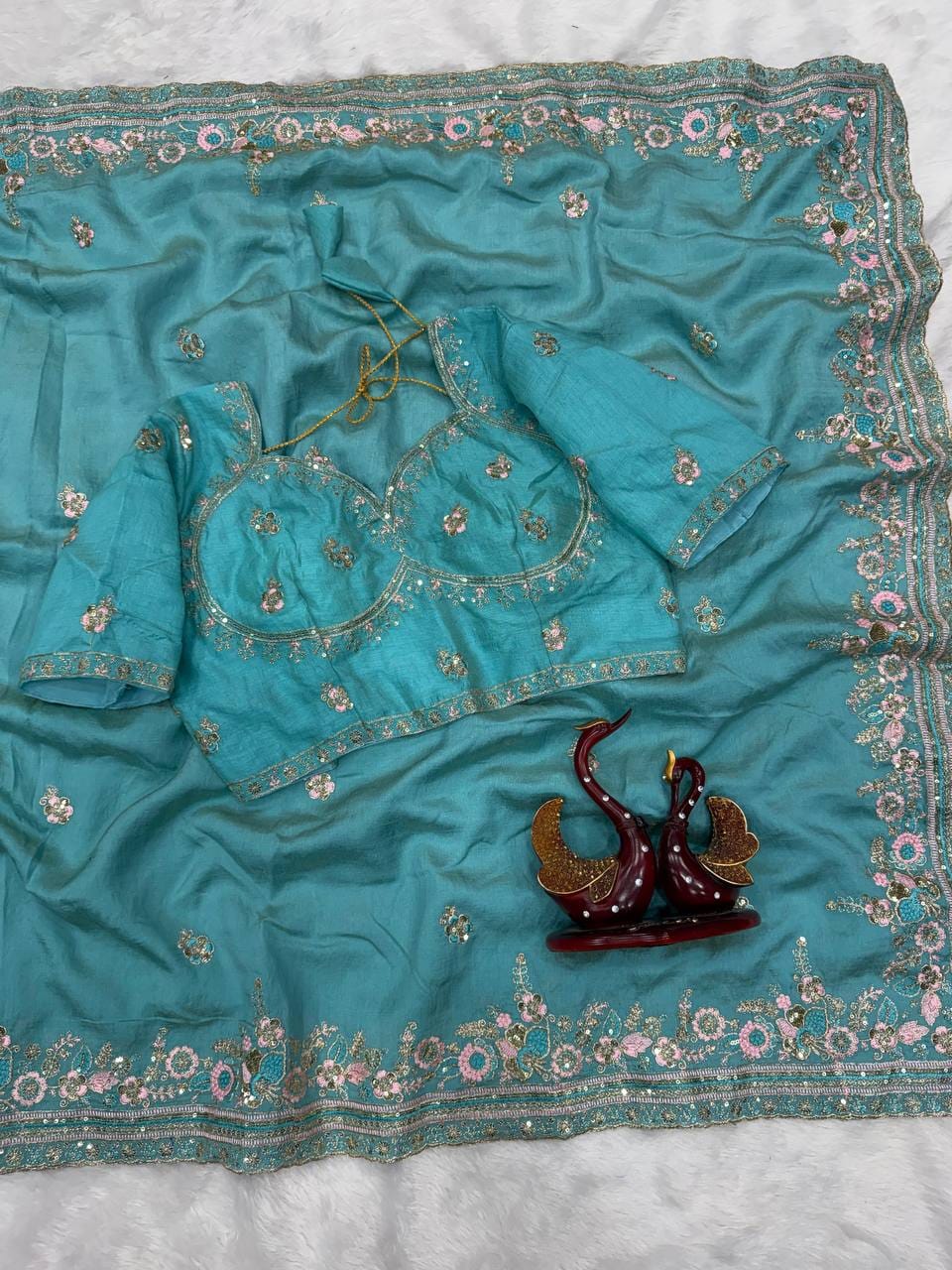 ✨ Royal Soft NC Vichitra Sequins & Multi Color Thread Embroidery Designer Saree With Heavy Blouse ✨