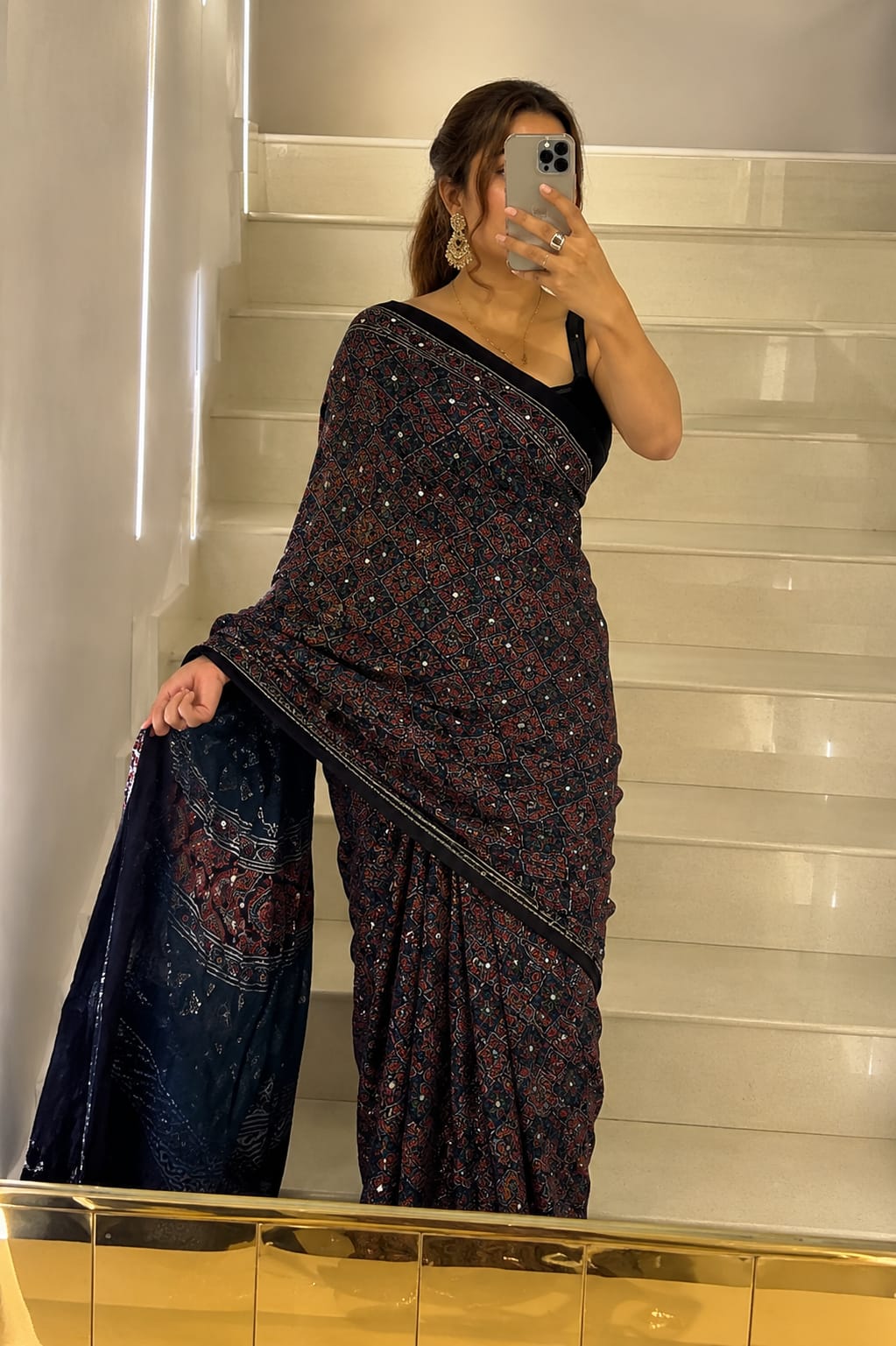 SAREE FAB. : Soft Japan Satin  ⭕ WORK : Beautiful Ajarakh print with Real mirror work and beautiful tussle  ⭕ BLOUSE Running Saree Fabric