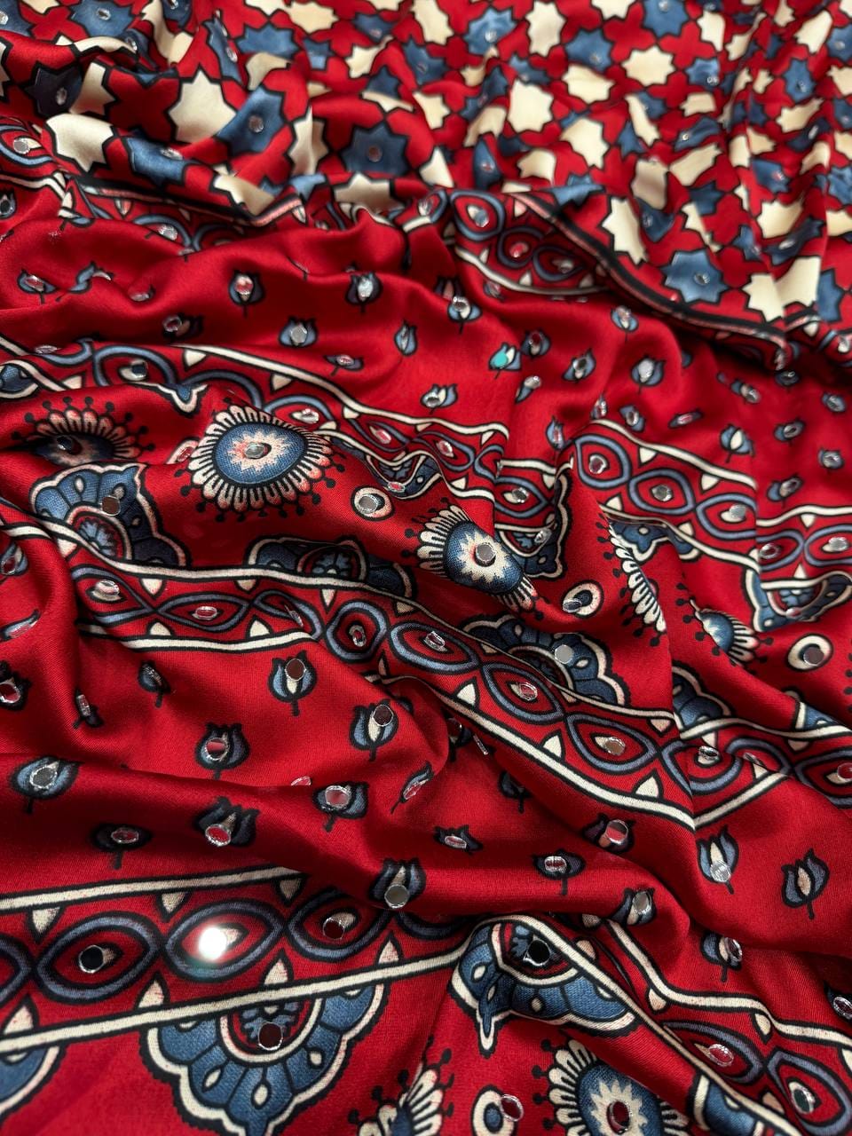 SAREE FAB. : Soft Japan Satin  ⭕ WORK : Beautiful Ajarakh print with Real mirror work and beautiful tussle  ⭕ BLOUSE Running Saree Fabric
