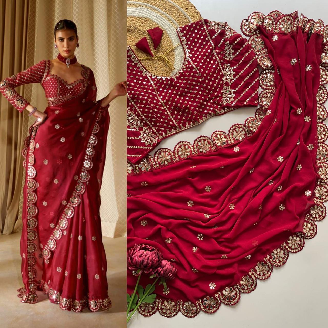 Premium Faux Georgette Saree with Original Mirror Work, Coding Lace Border & Heavy Embroidered Blouse