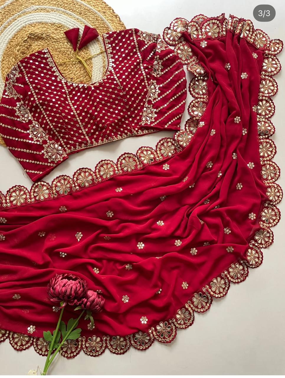 Premium Faux Georgette Saree with Original Mirror Work, Coding Lace Border & Heavy Embroidered Blouse