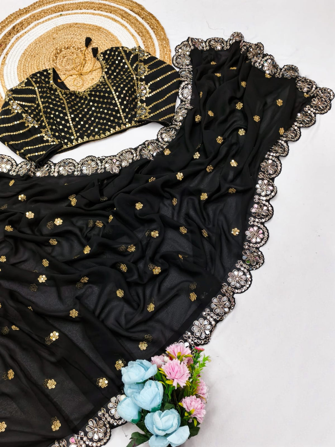 Premium Faux Georgette Saree with Original Mirror Work, Coding Lace Border & Heavy Embroidered Blouse