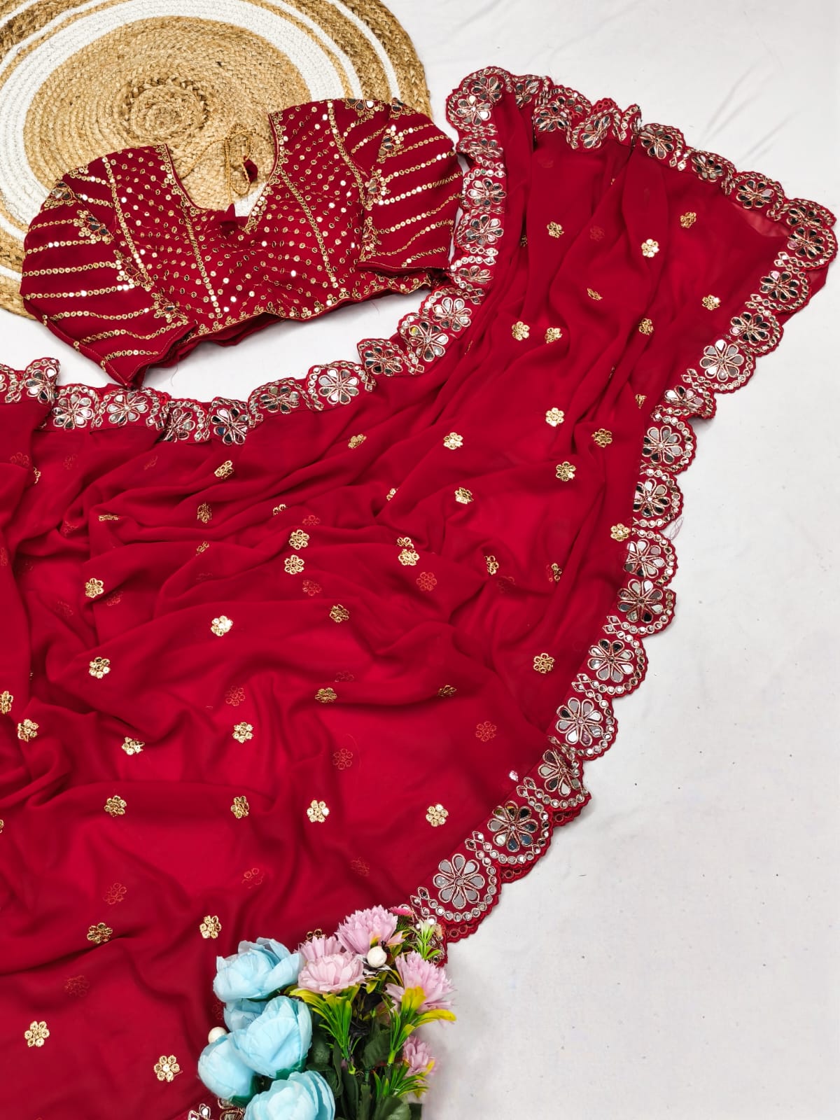 Premium Faux Georgette Saree with Original Mirror Work, Coding Lace Border & Heavy Embroidered Blouse