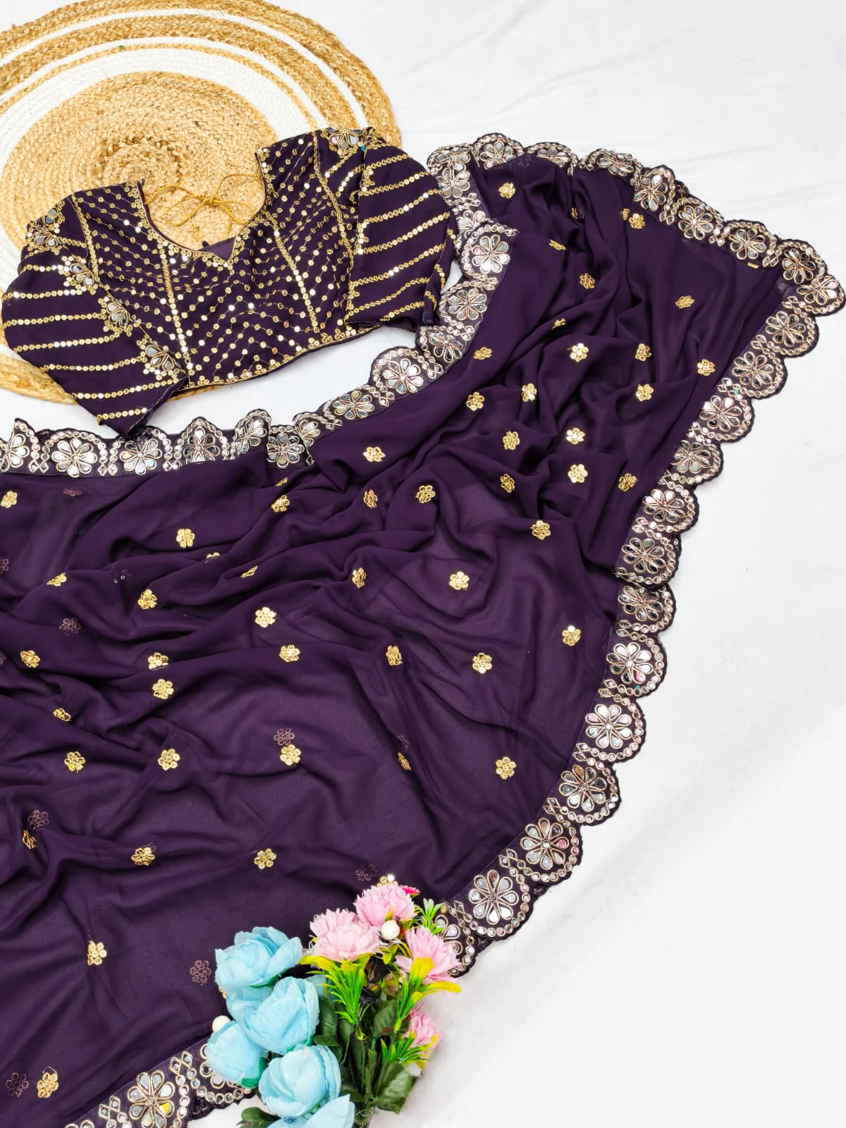 Premium Faux Georgette Saree with Original Mirror Work, Coding Lace Border & Heavy Embroidered Blouse