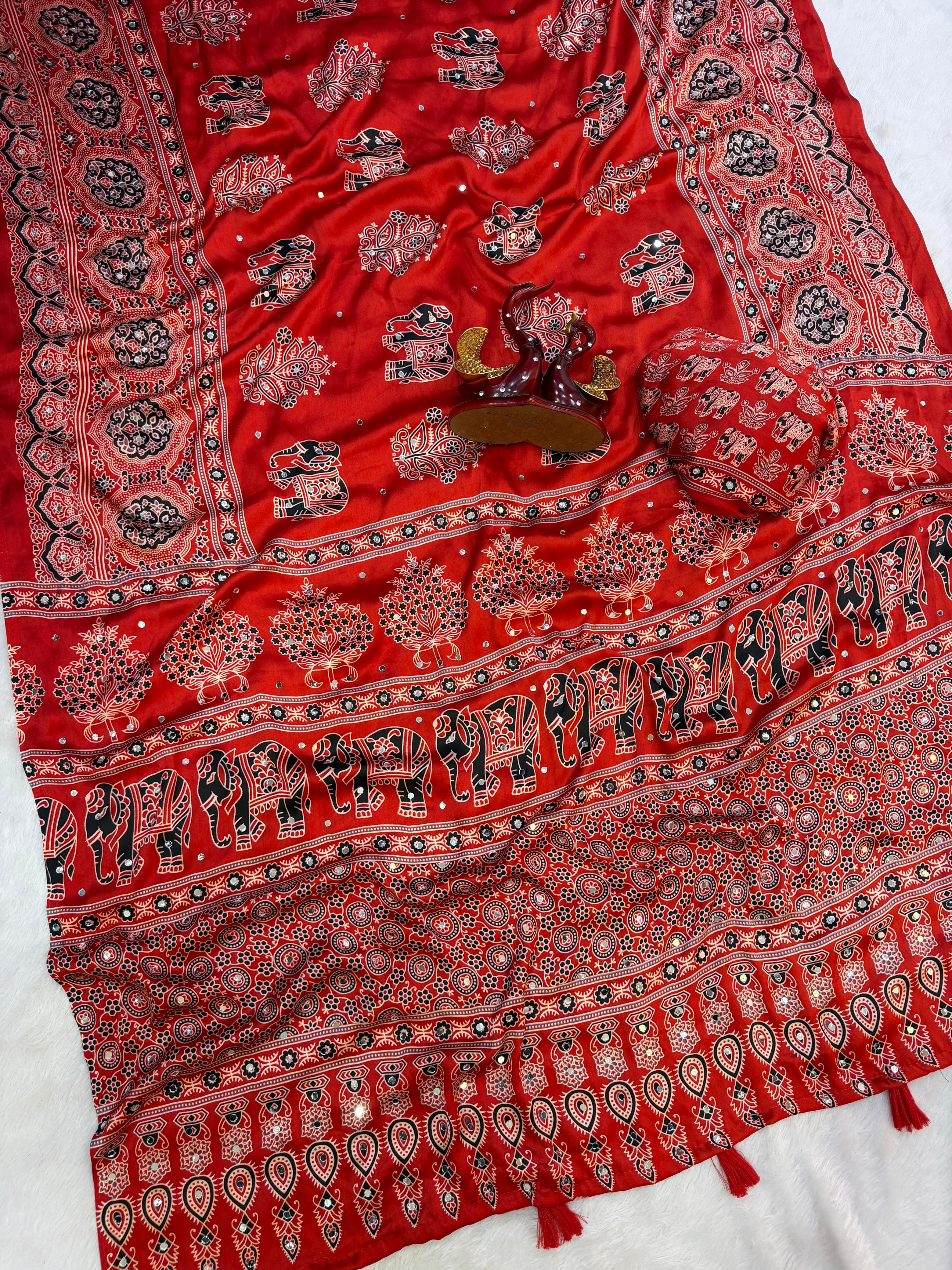 Heavy Japan Satin Designer Ajrakh Print Saree with Mirror & Latkan