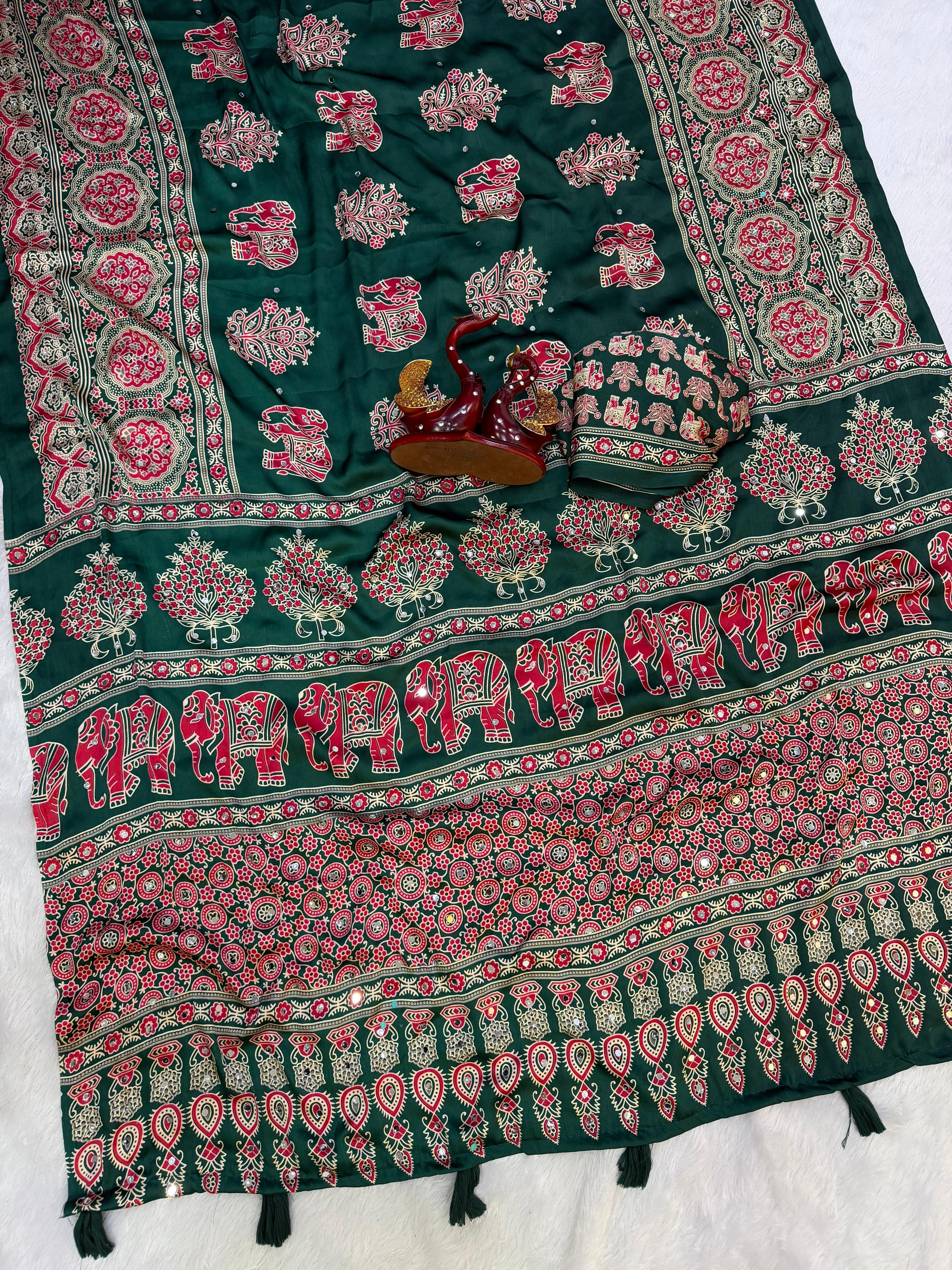 Heavy Japan Satin Designer Ajrakh Print Saree with Mirror & Latkan