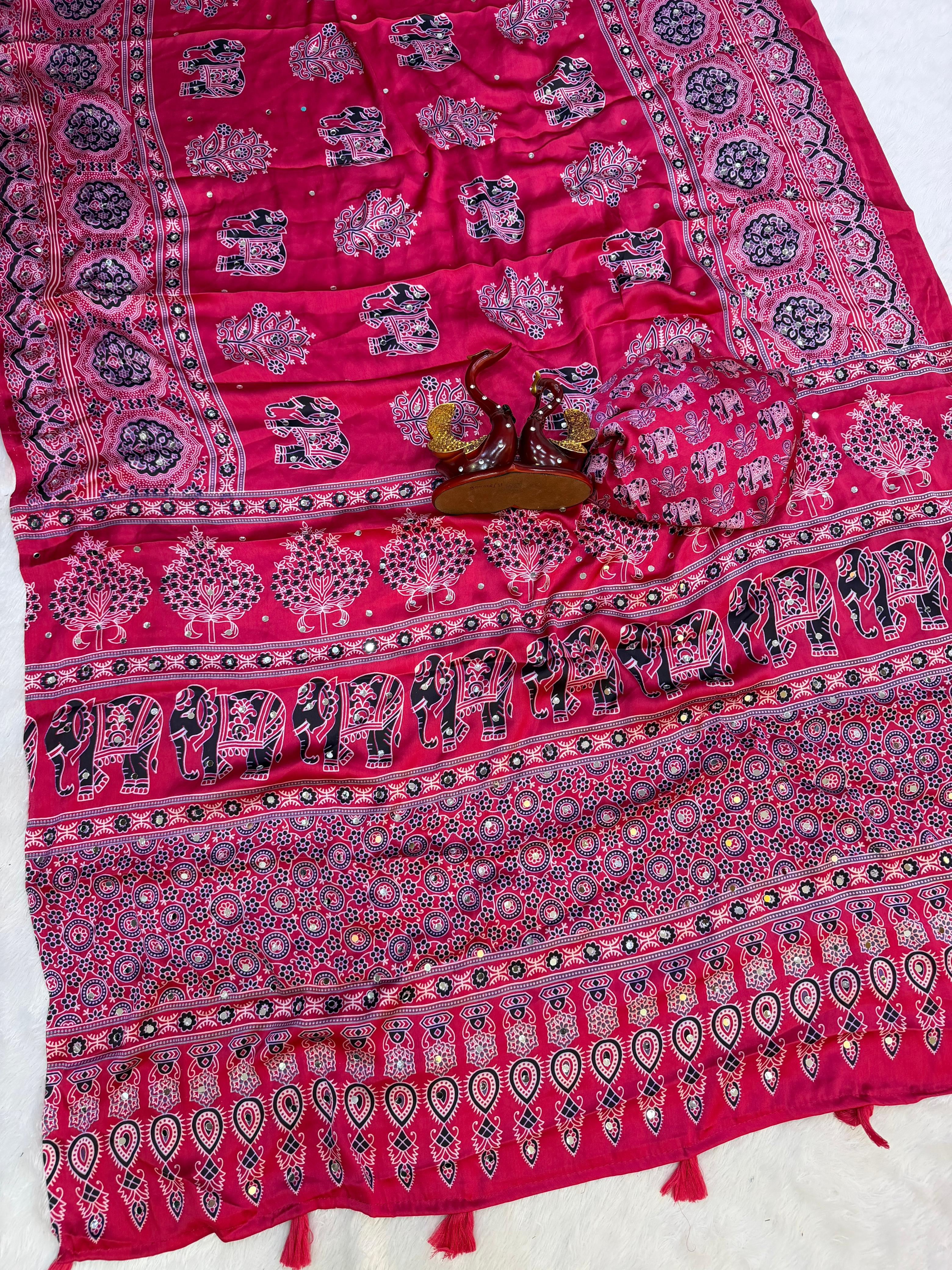 Heavy Japan Satin Designer Ajrakh Print Saree with Mirror & Latkan