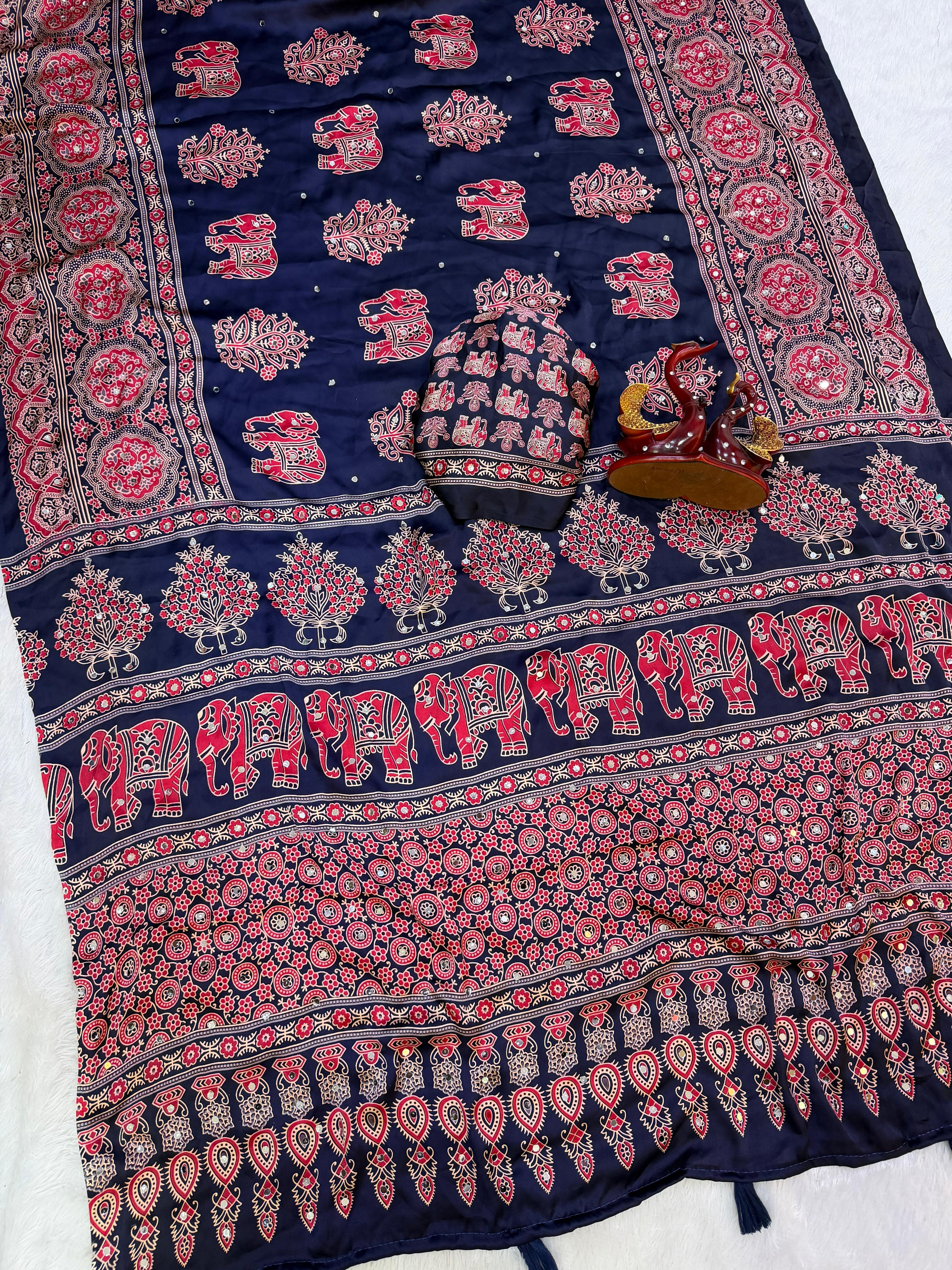 Heavy Japan Satin Designer Ajrakh Print Saree with Mirror & Latkan