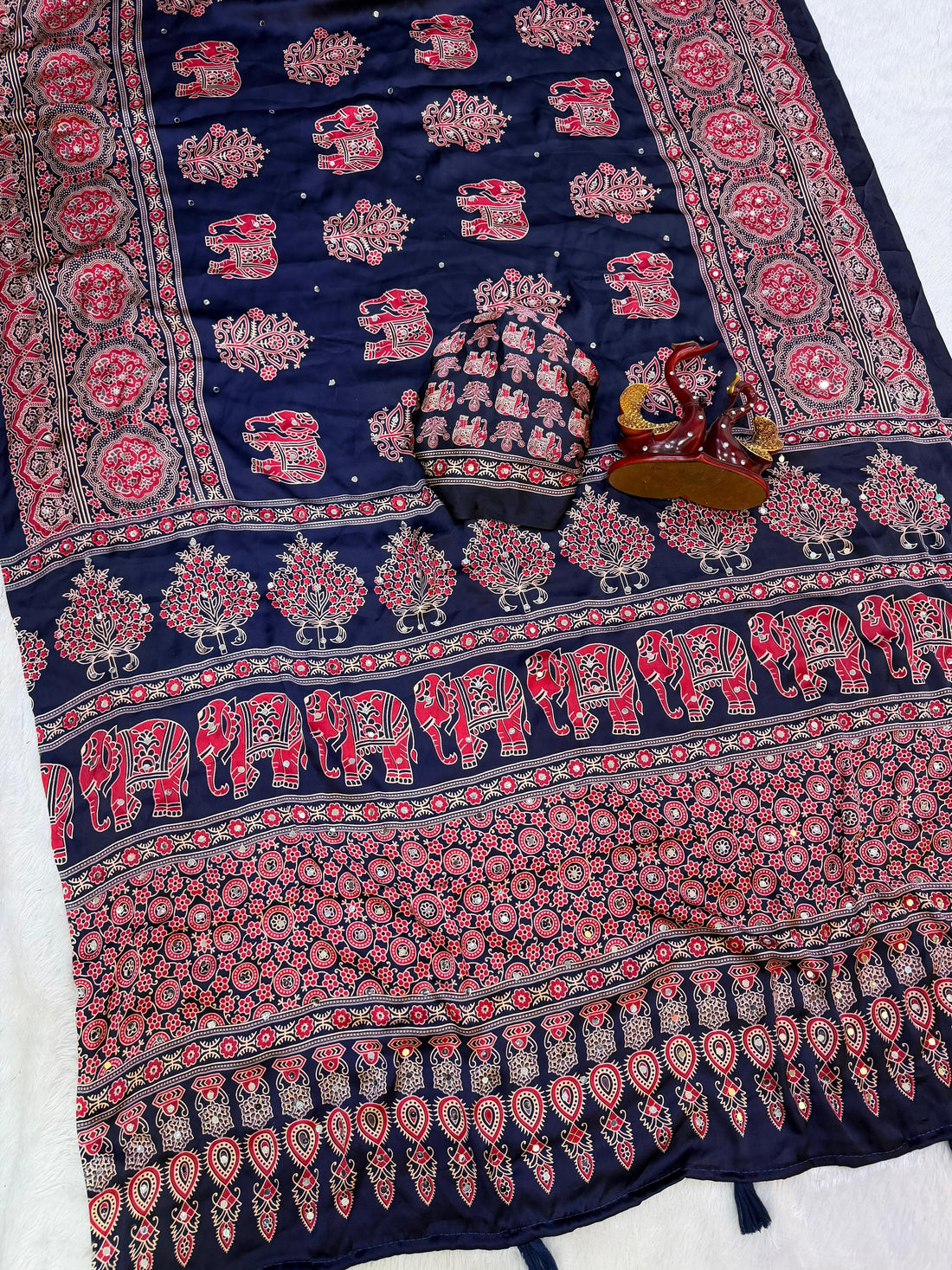 Heavy Japan Satin Designer Ajrakh Print Saree with Mirror & Latkan