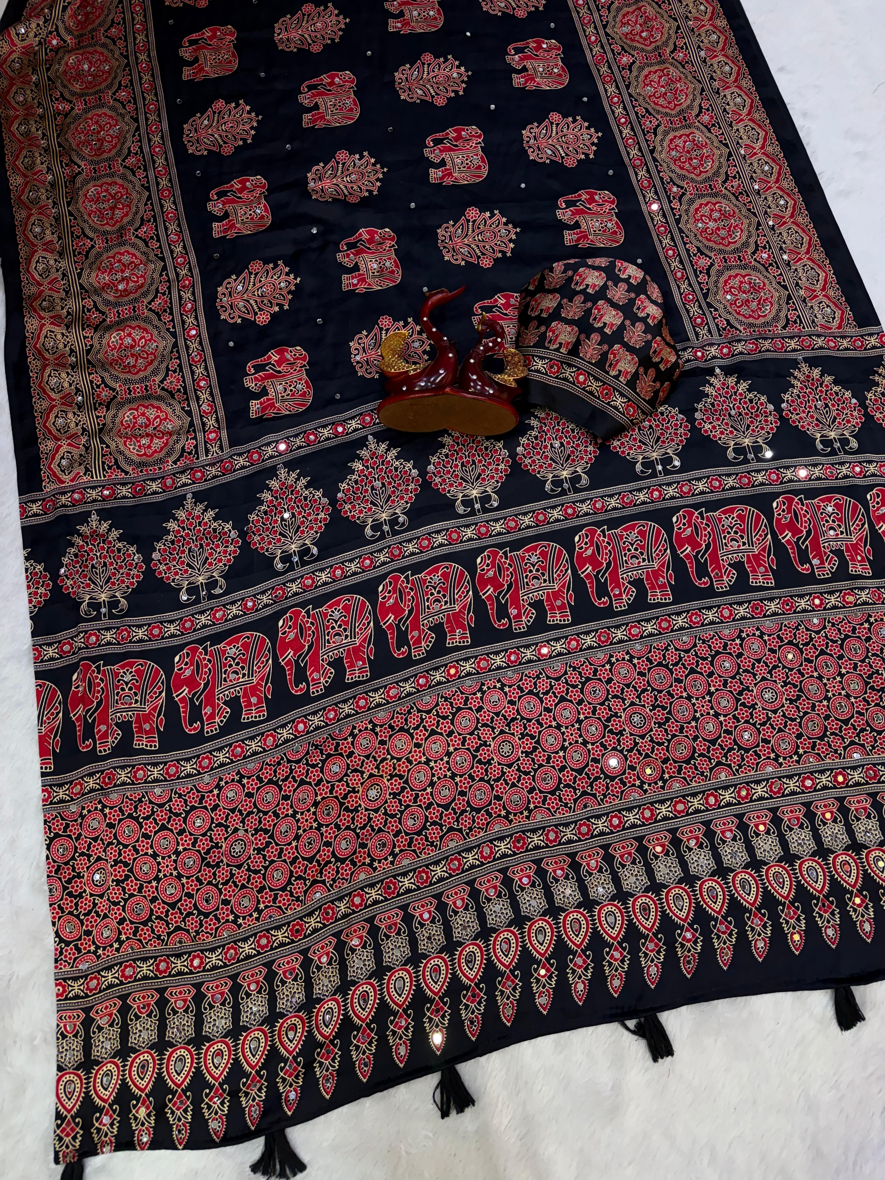 Heavy Japan Satin Designer Ajrakh Print Saree with Mirror & Latkan