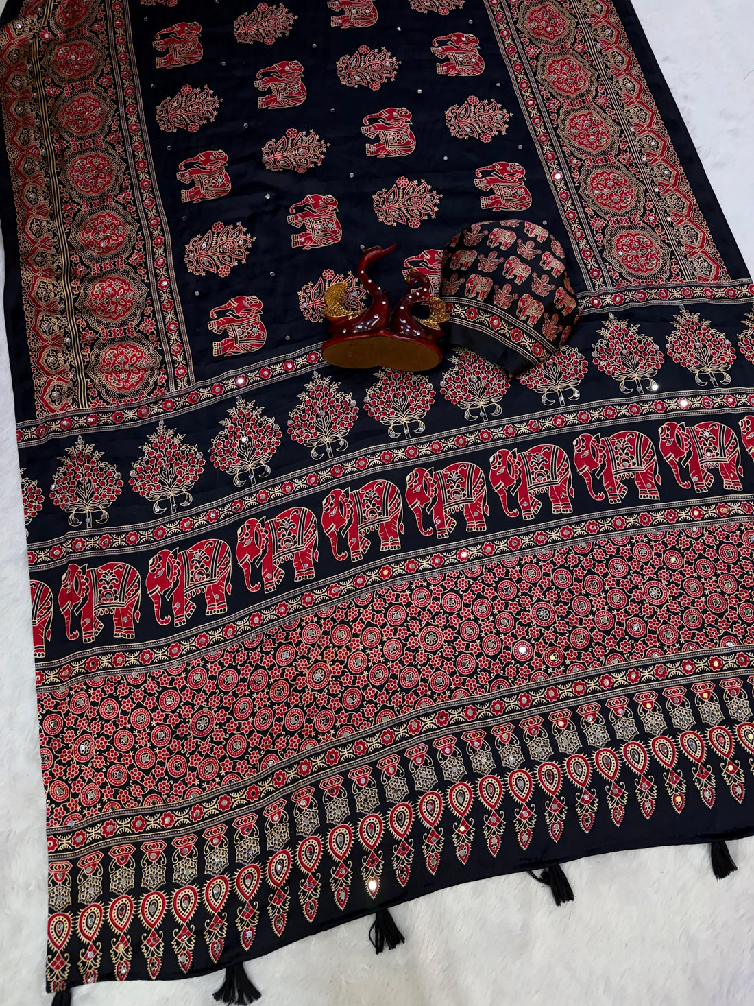 Heavy Japan Satin Designer Ajrakh Print Saree with Mirror & Latkan