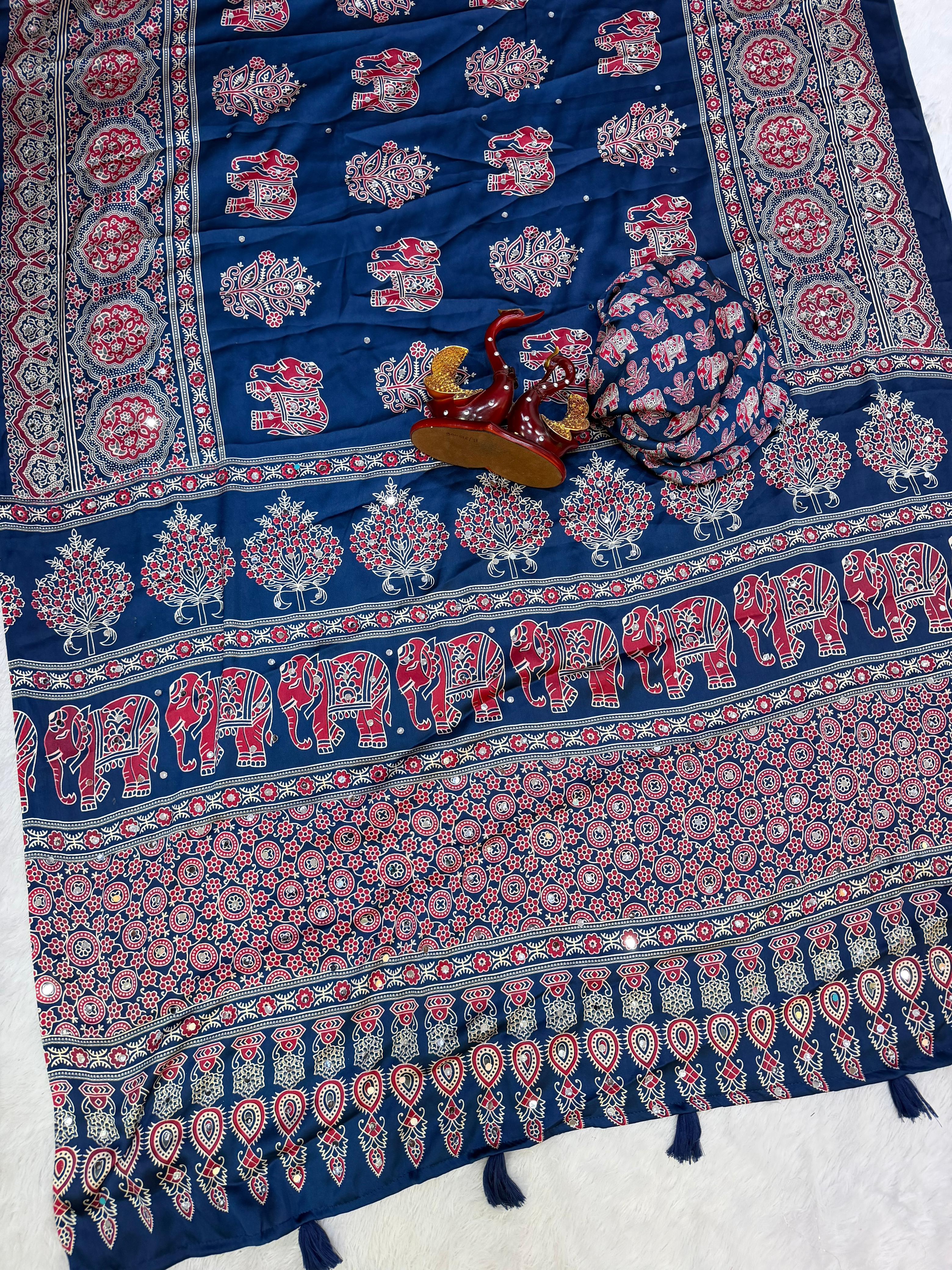 Heavy Japan Satin Designer Ajrakh Print Saree with Mirror & Latkan