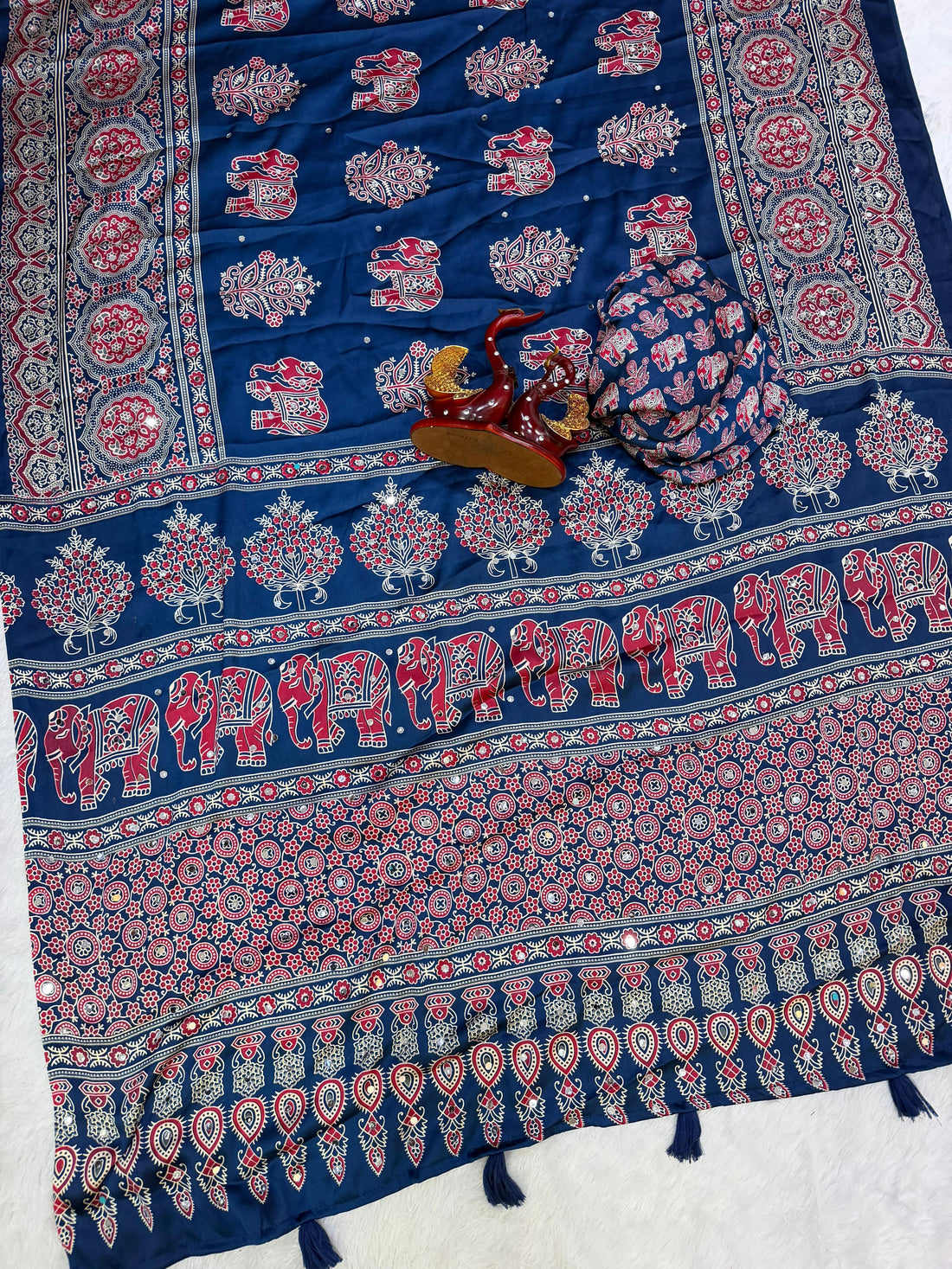 Heavy Japan Satin Designer Ajrakh Print Saree with Mirror & Latkan