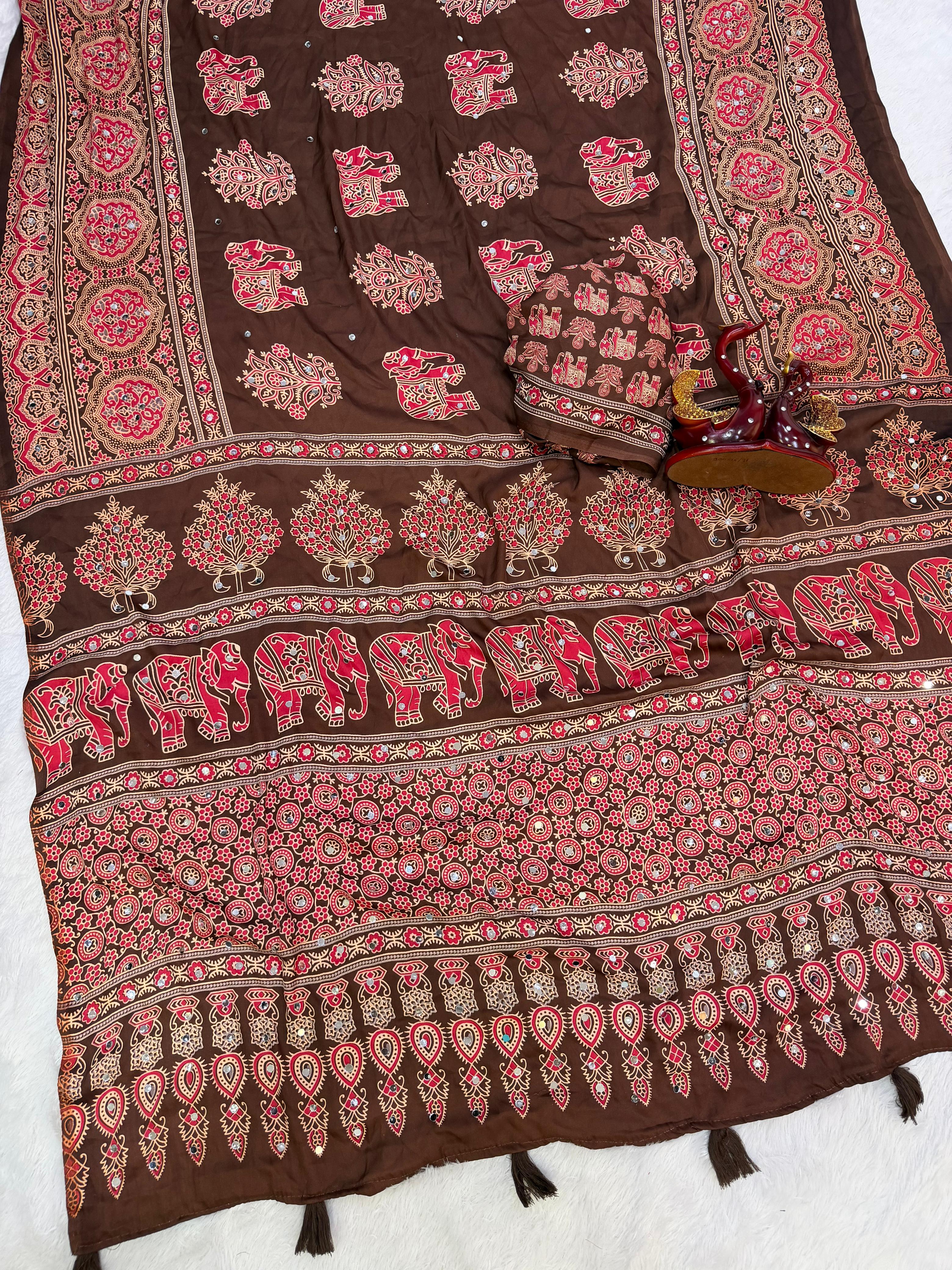 Heavy Japan Satin Designer Ajrakh Print Saree with Mirror & Latkan