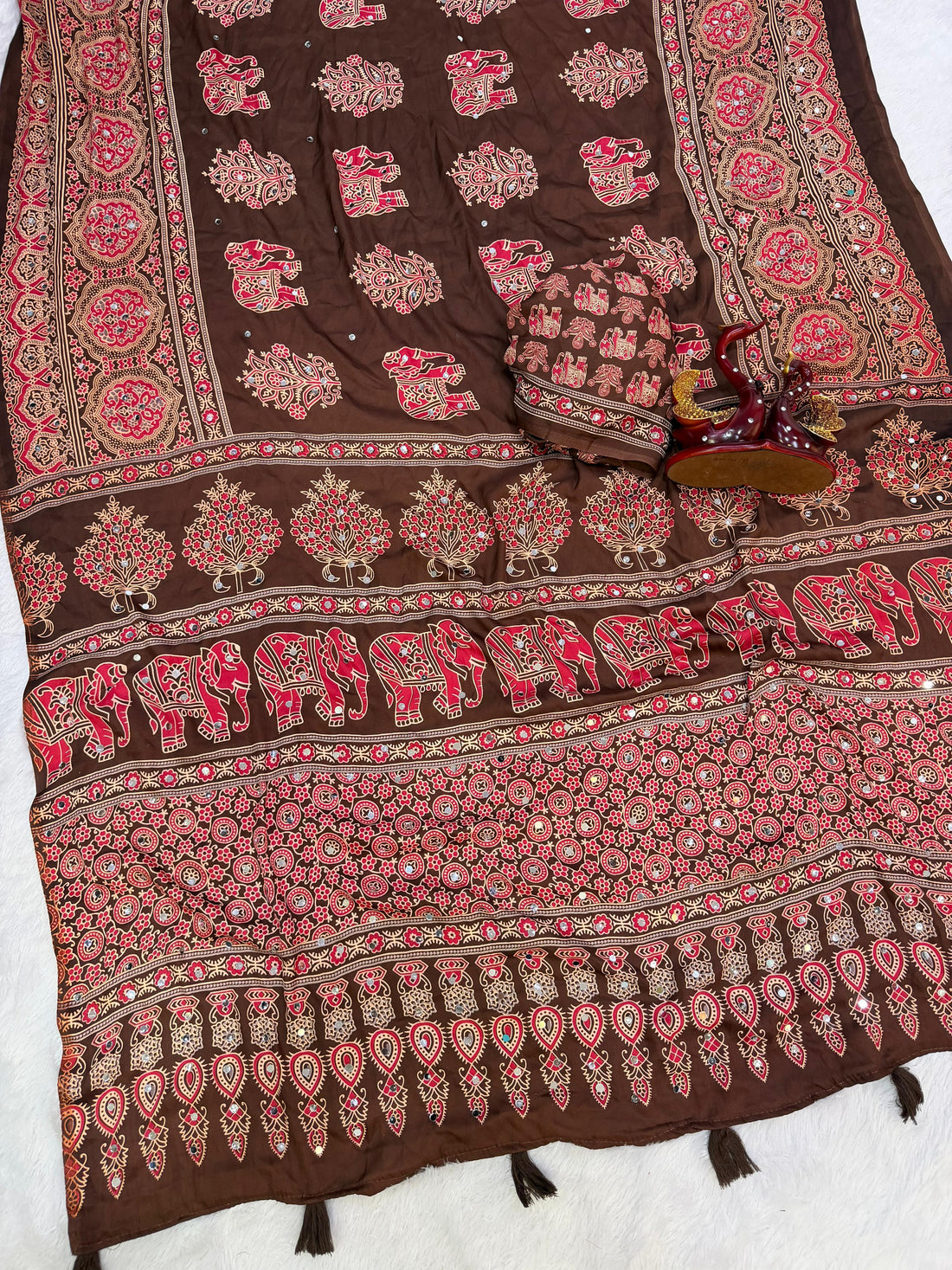 Heavy Japan Satin Designer Ajrakh Print Saree with Mirror & Latkan