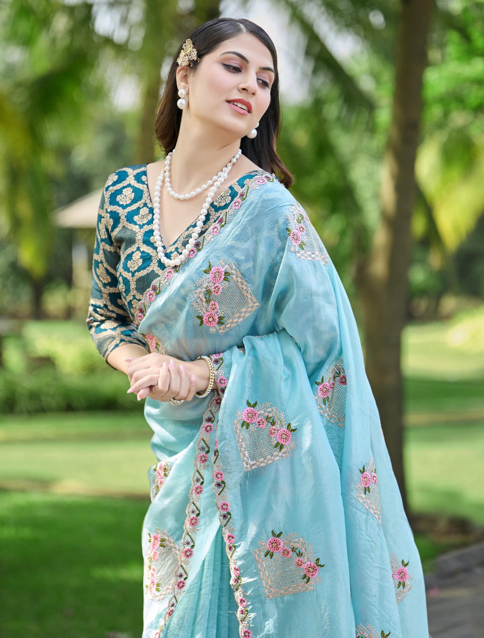 Festive Pure Gold Crush Silk Embroidered Saree with Swarovski Detailing