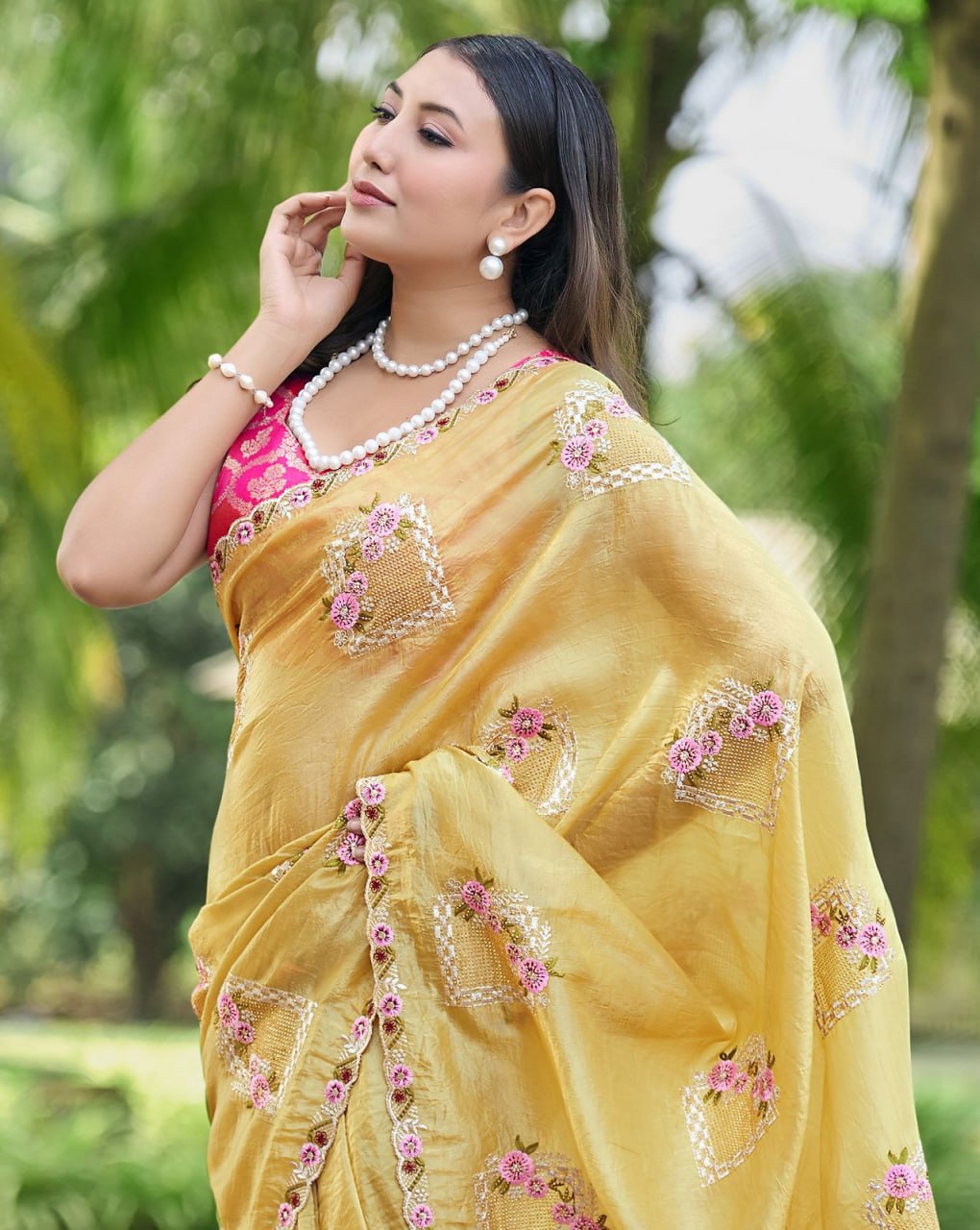 Festive Pure Gold Crush Silk Embroidered Saree with Swarovski Detailing