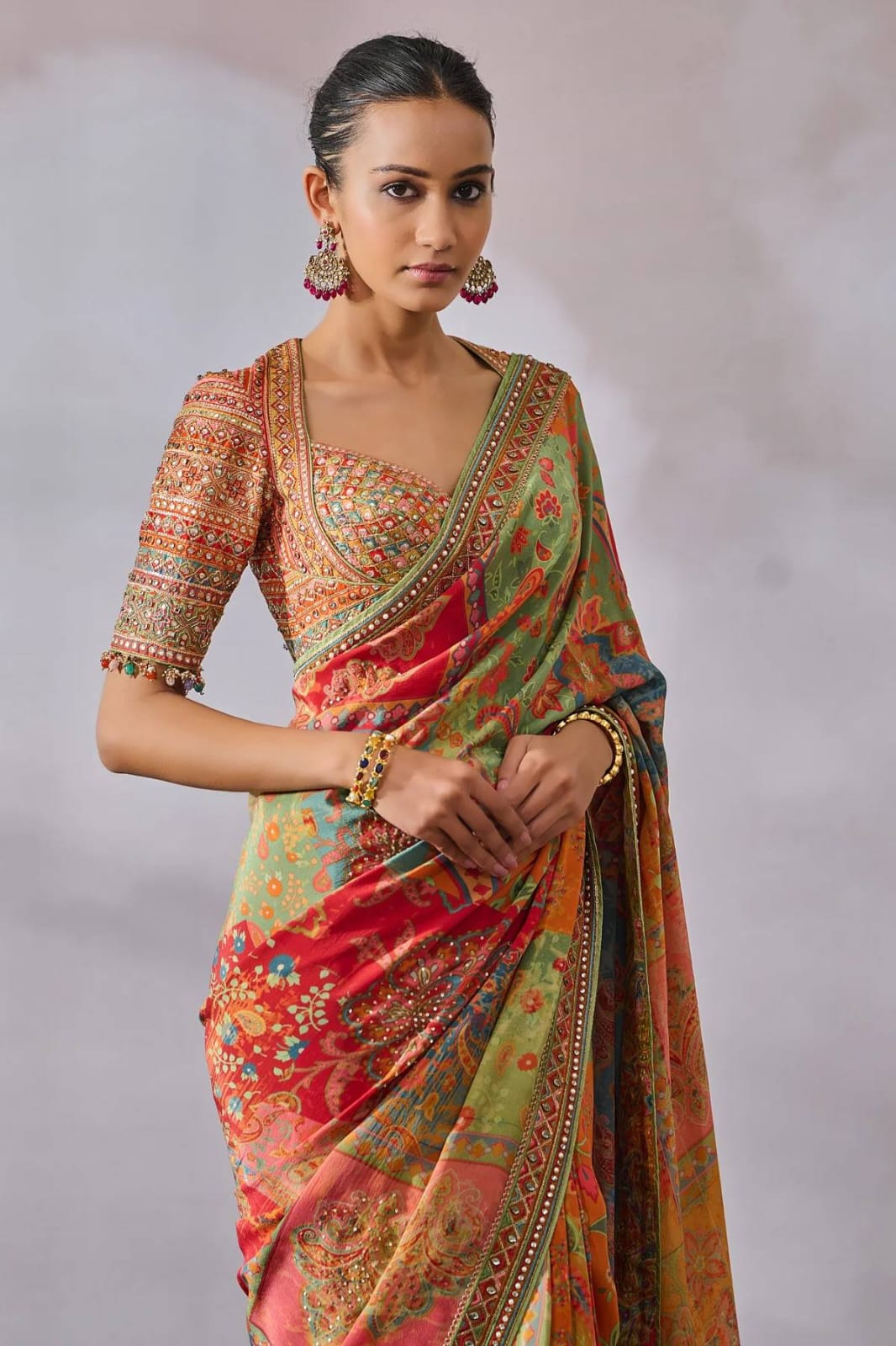 Soft Chinon Silk Designer Saree with Kalamkari Print, Real Mirror & Hand Embroidery