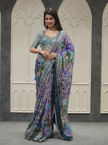 Soft Chinon Silk Designer Saree with Kalamkari Print, Real Mirror & Hand Embroidery